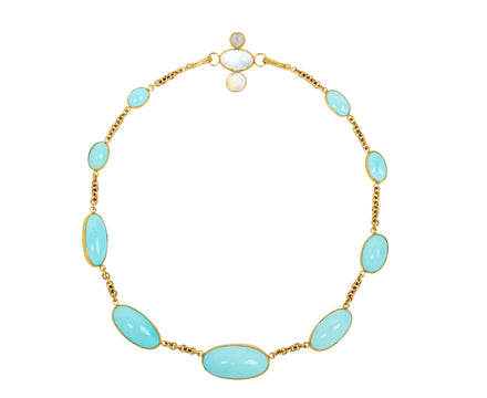 Plump Persian Turquoise Necklace with Aquamarine and Moonstone Clasp