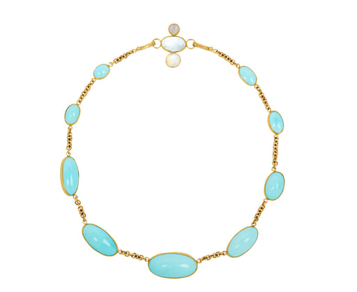 Plump Persian Turquoise Necklace with Aquamarine and Moonstone Clasp