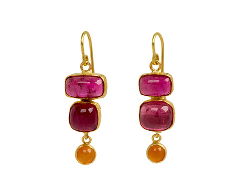 Judy Geib Pink Tourmaline and Carnelian Drop Earrings