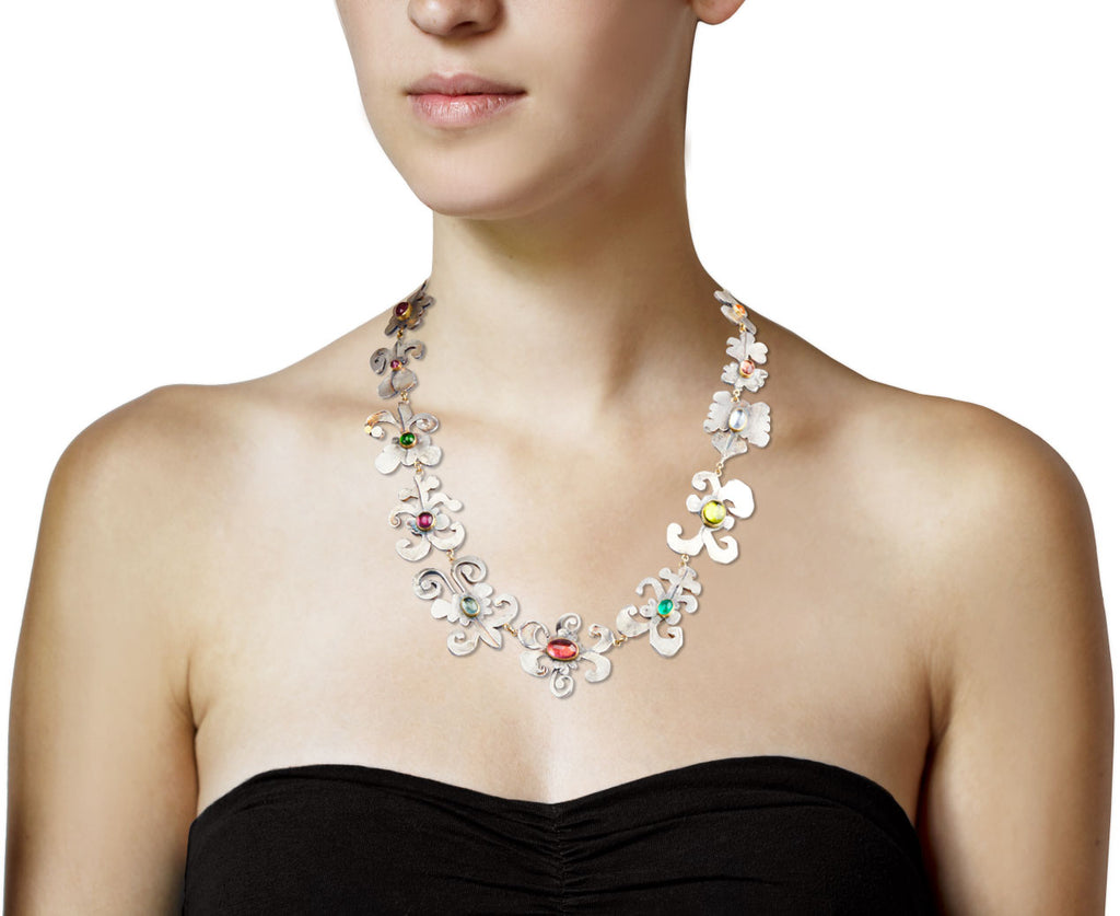 Pretty Silver Shape and Multi Stone Necklace