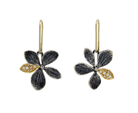 Oxidized Sterling Silver and Diamond Leaf Hydrangea Earrings