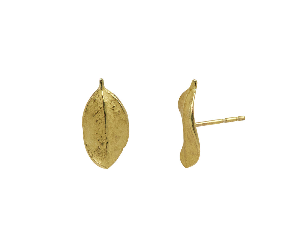 John Iversen Gold Single Leaf Stud Earrings - Angled View