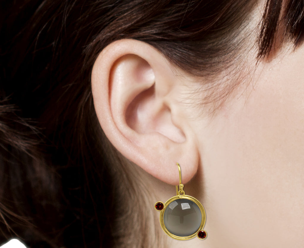 Kothari Elements Black Moonstone and Garnet Moon Orbit Earrings - Profile Closeup