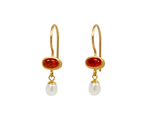 Fire Opal and Pearl Apple & Eve Earrings