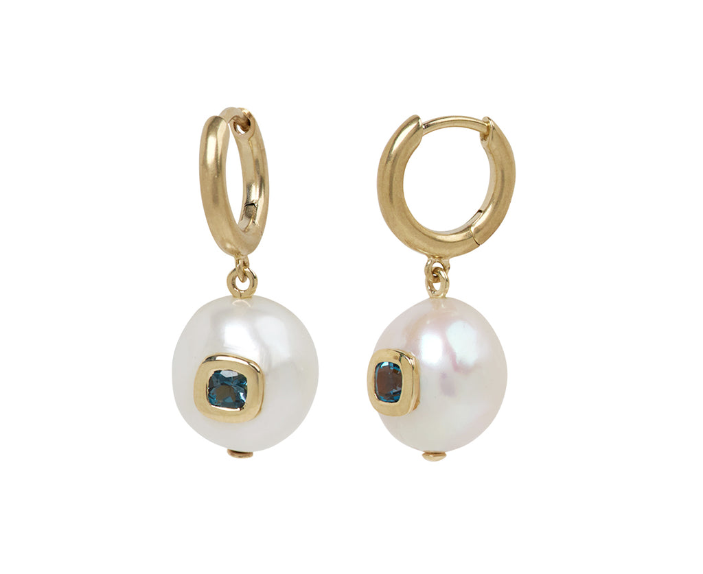 Pascale Monvoisin Pearl and Blue Topaz Eddie Hoop Earrings - Angled View