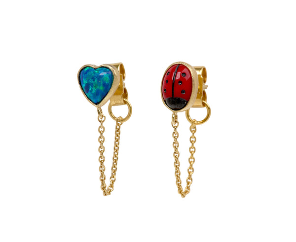 Grainne Morton Mismatched Ladybug and Heart Chain Stud Earrings