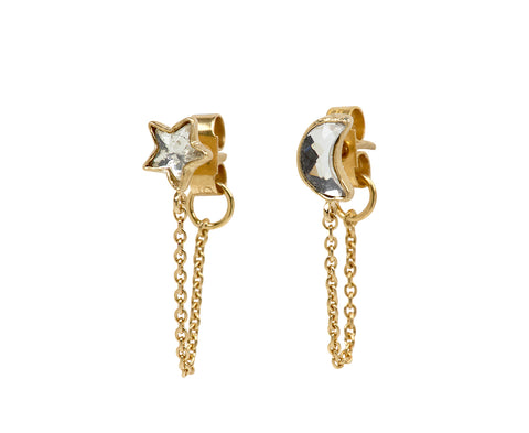 Grainne Morton Star and Moon Mismatched Chain Stud Earrings