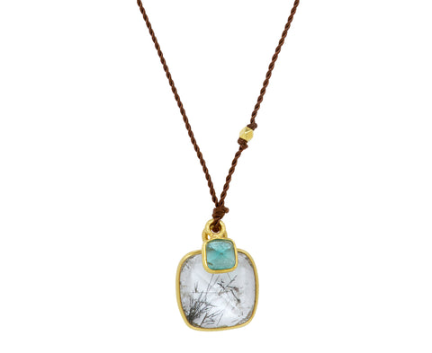 Margaret Solow Tourmalated Quartz and Emerald Pendant Necklace