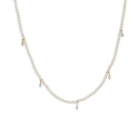 Five Diamond Dangle Pearl Necklace