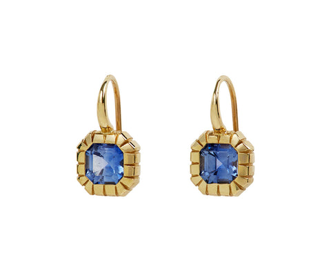 Asscher Blue Sapphire Heirloom Bezel Earrings
