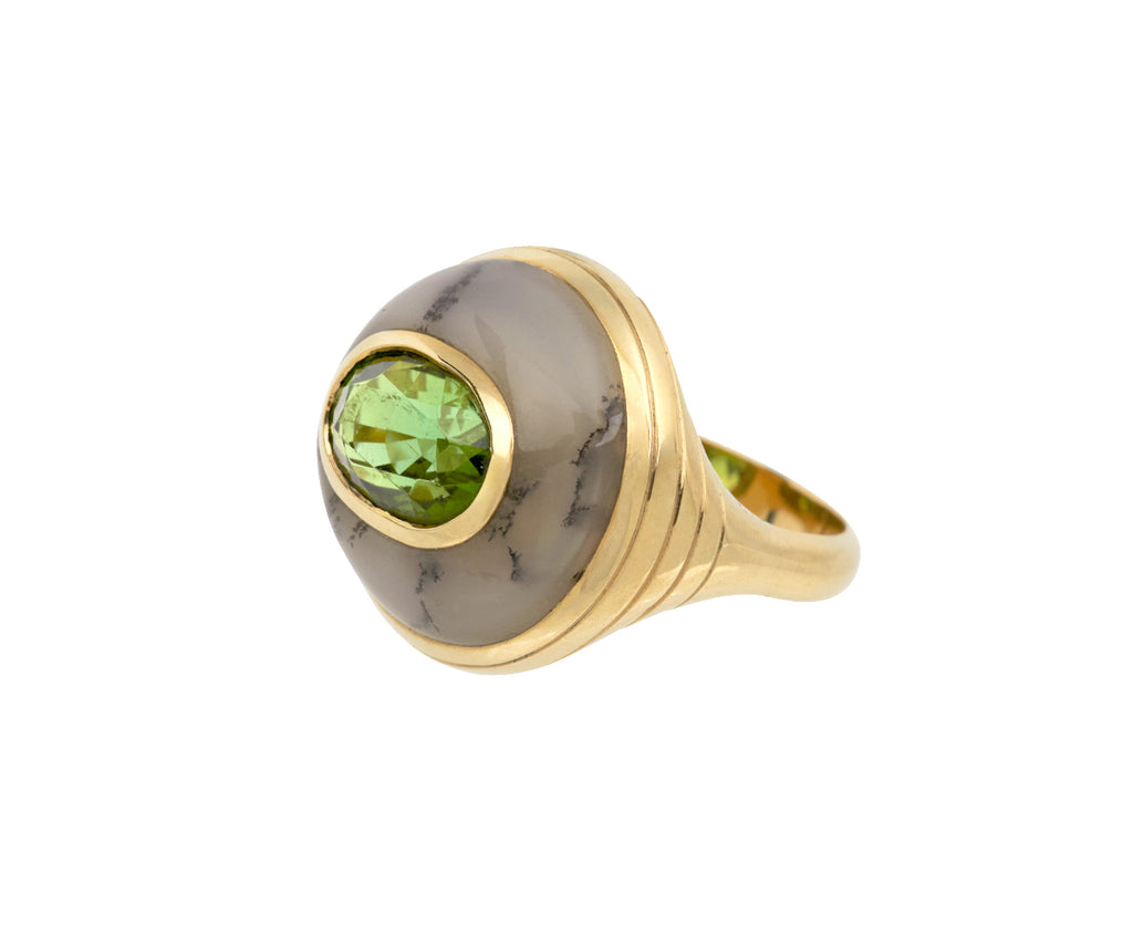 Clear Dendrite and Green Tourmaline Petite Lollipop Ring