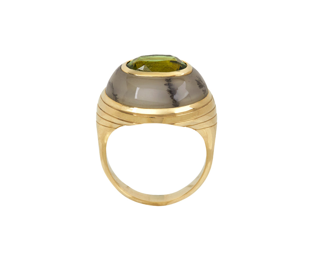 Clear Dendrite and Green Tourmaline Petite Lollipop Ring