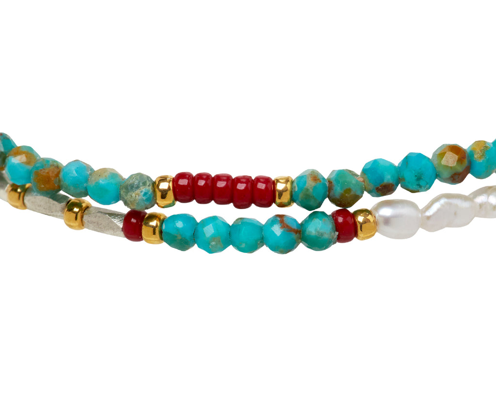 Tai Double Strand Turquoise and Pearl Beaded Bracelet - Closeup 1