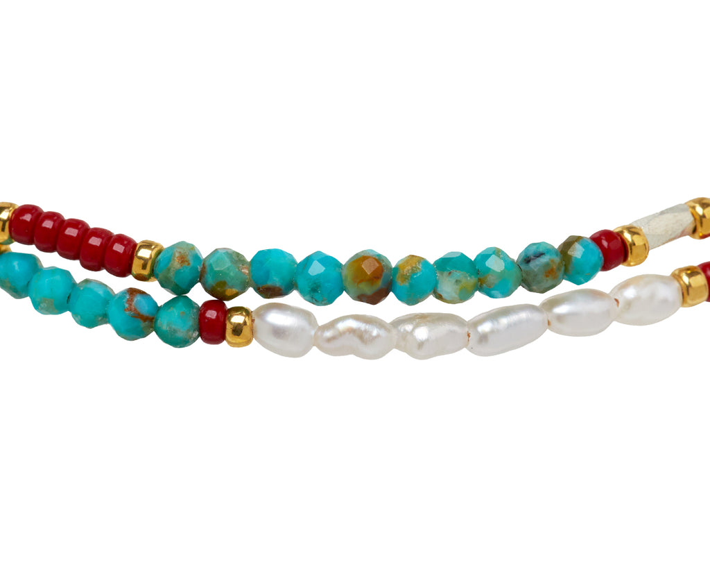 Tai Double Strand Turquoise and Pearl Beaded Bracelet - Closeup 2