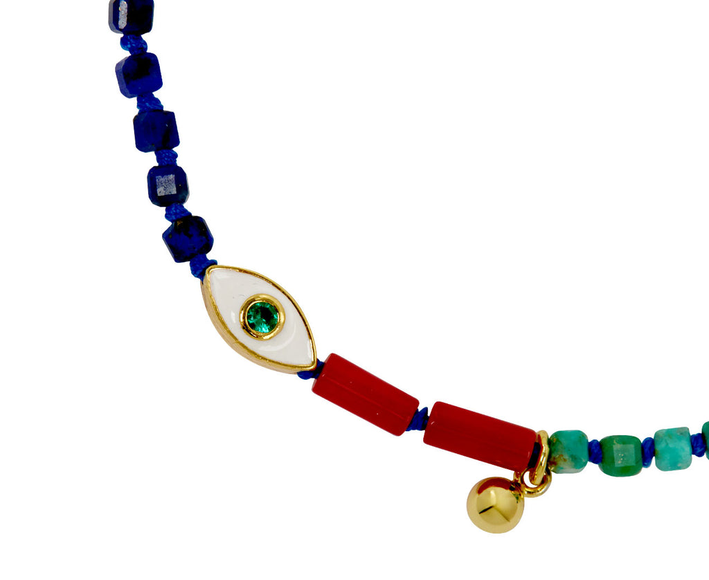 Tai Evil Eye and Turquoise and Lapis Beaded Charm Bracelet - Closeup