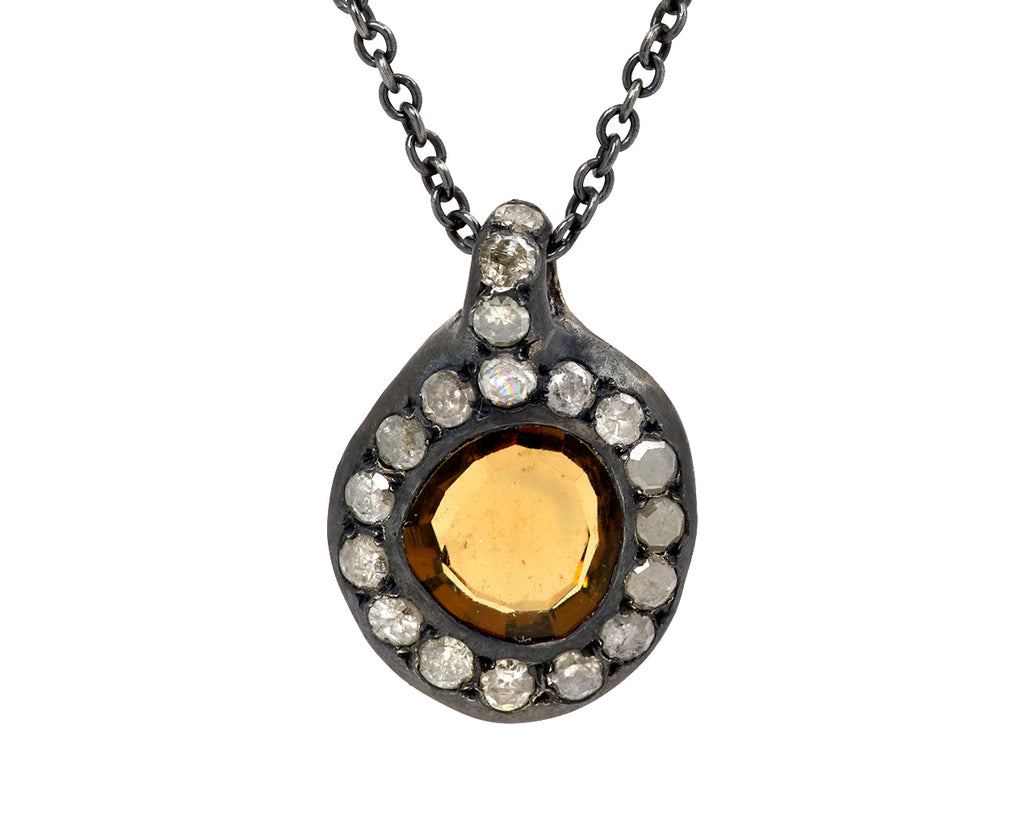 Rosa Maria Honey Quartz and Icy White Diamond Pendant Necklace - Closeup