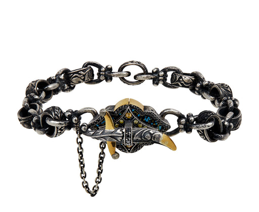 Round Link Bracelet with Blue and Black Diamond Dagger Clasp