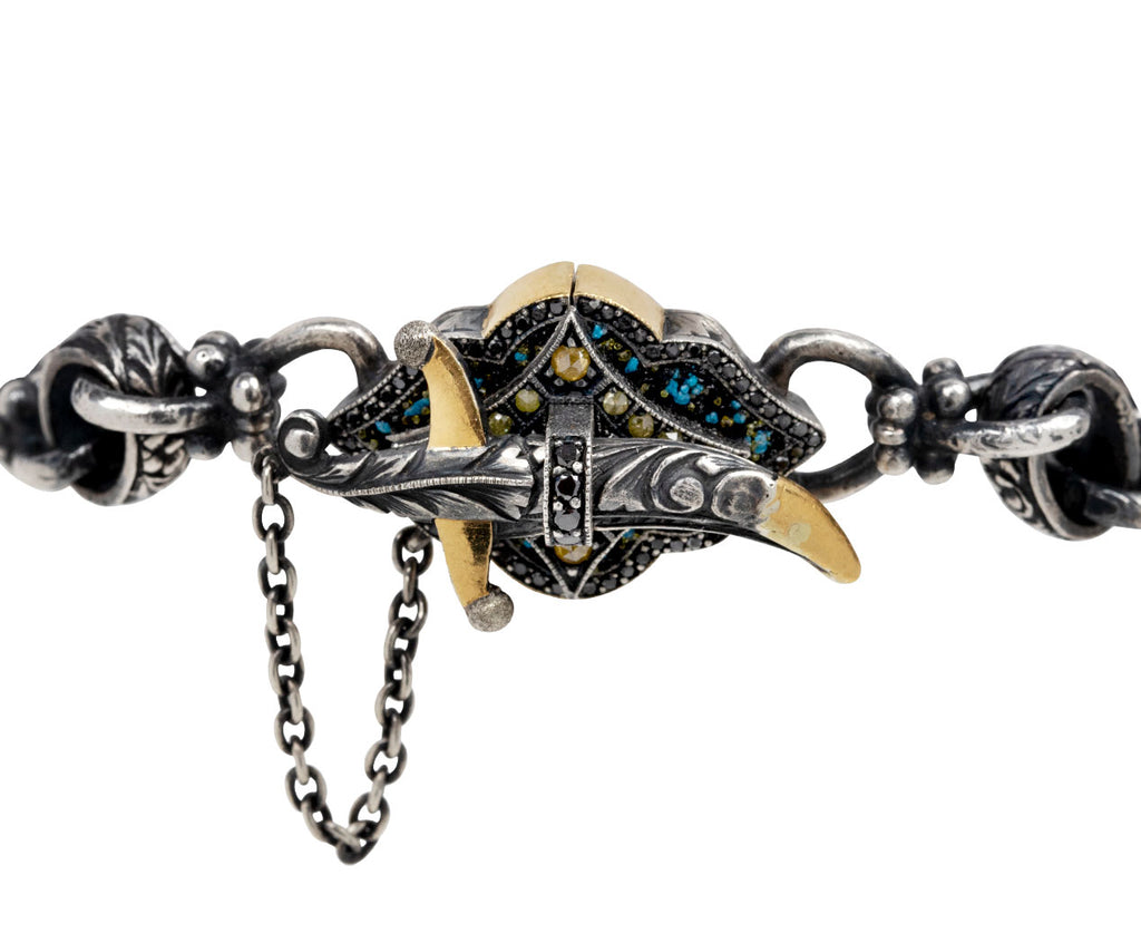 Round Link Bracelet with Blue and Black Diamond Dagger Clasp
