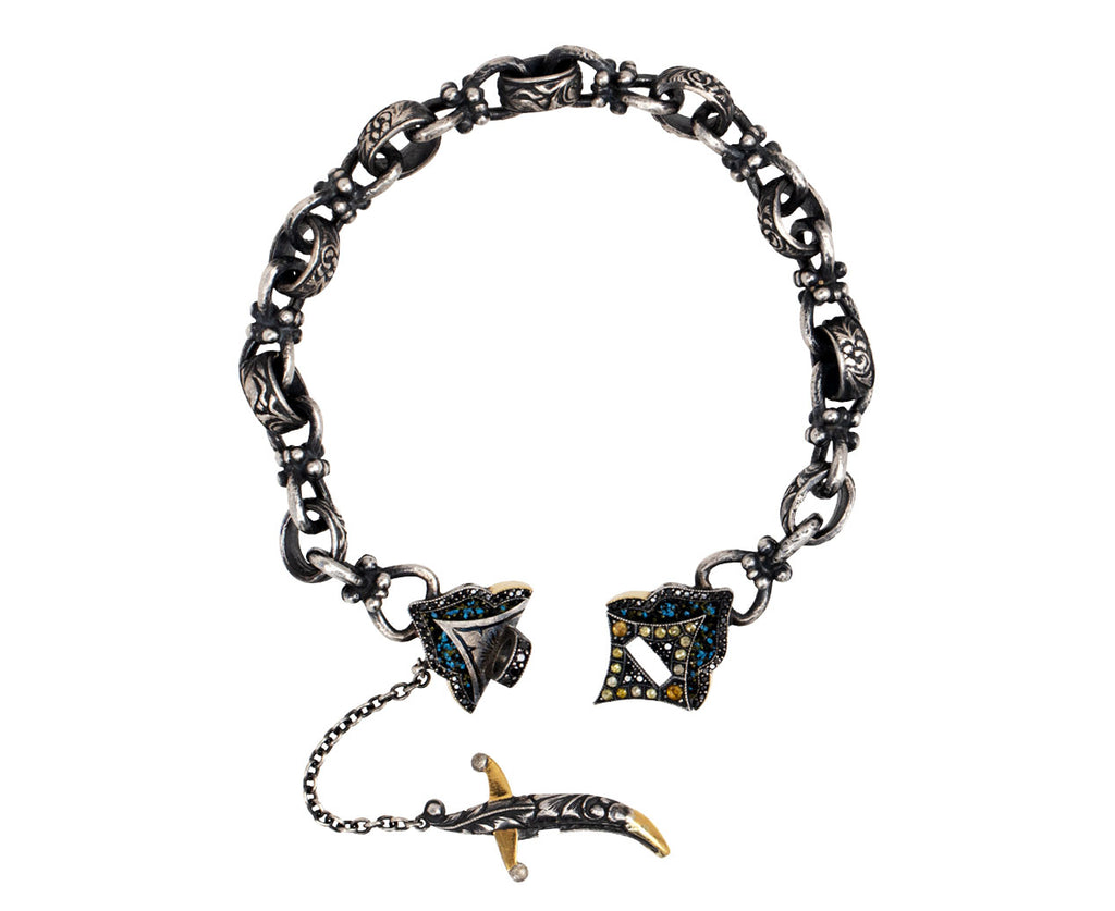 Round Link Bracelet with Blue and Black Diamond Dagger Clasp