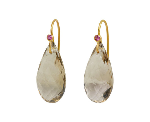 Smoky Quartz and Pink Sapphire Long Drop Earrings