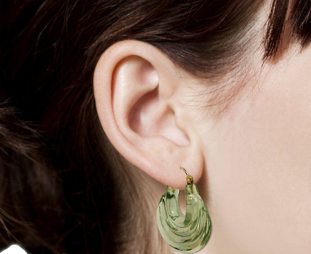 Carved Green Amethyst Stone Gong Hoop Earring