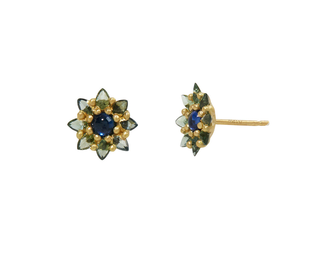 Blue and Green Sapphire Daisy Stud Earrings