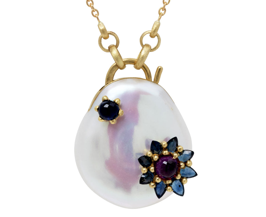 White Souffle Pearl Sapphire Larkspur Padlock Necklace