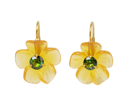 Golden Beryl and Green Tourmaline Jeweled Flower Earrings