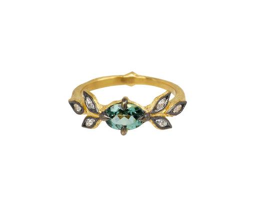 Green Tourmaline Marquise Diamond Three Leaf Ring
