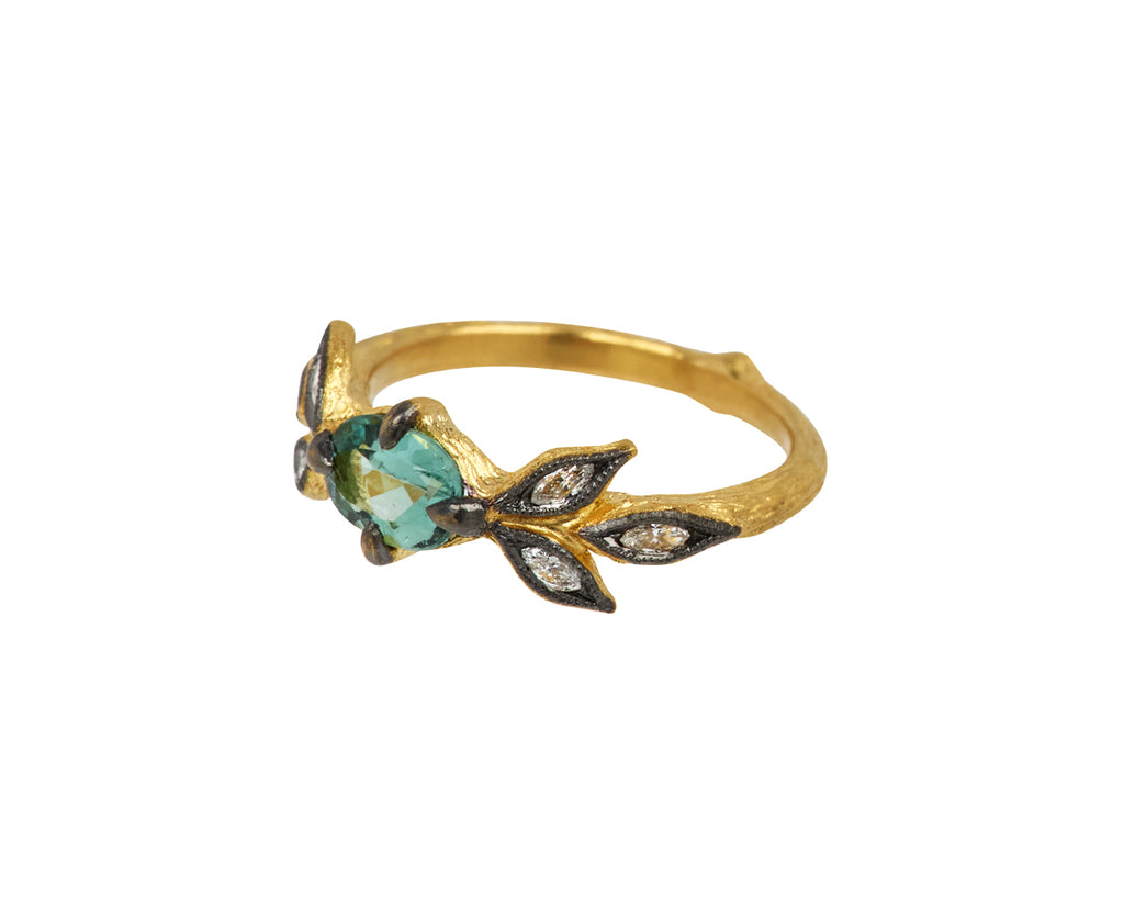 Green Tourmaline Marquise Diamond Three Leaf Ring