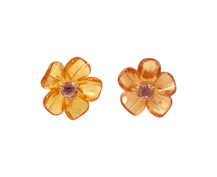Mandarin Garnet and Pink Sapphire Jeweled Flower Earrings