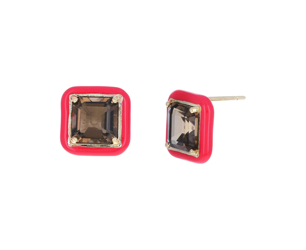 Pink Enamel and Smokey Quartz Candy Square Earrings