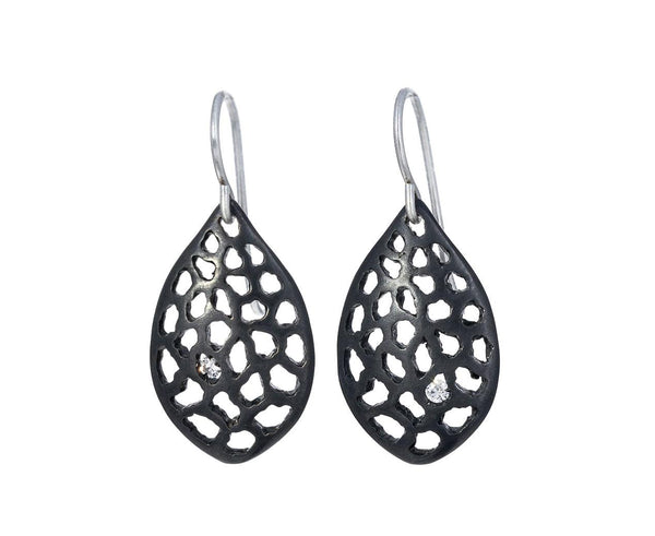 Blackened Lacy Leaf and Diamond Drop Earring