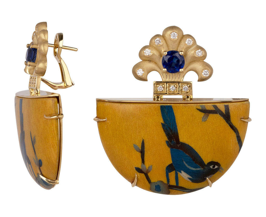Silvia Furmanovich Kyanite, Diamond and Bird Marquetry Earrings Side