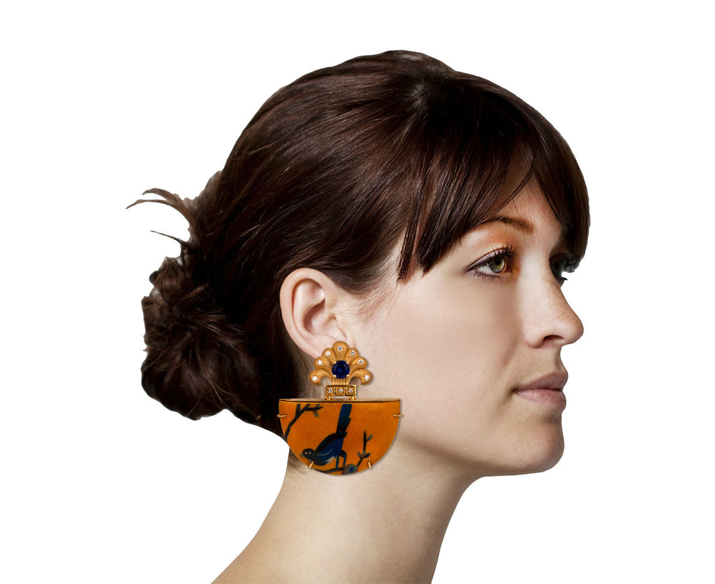 Silvia Furmanovich Kyanite, Diamond and Bird Marquetry Earrings Profile