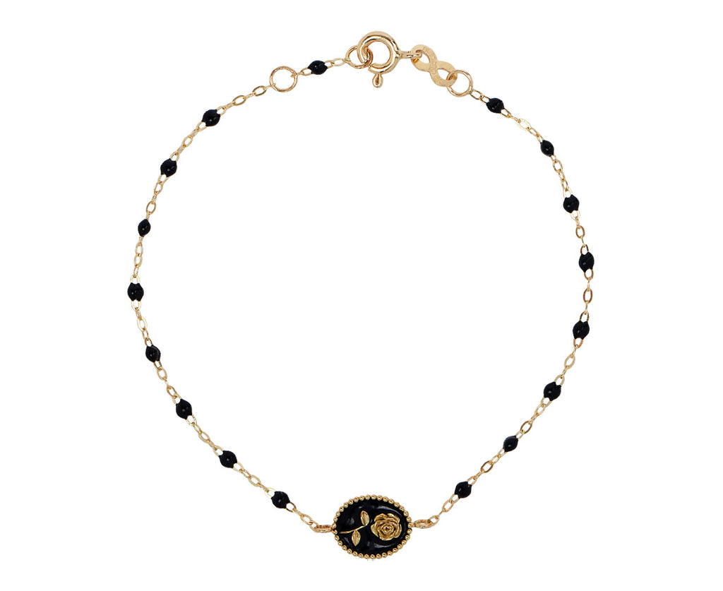 Rose Charm Black Enamel Resin Beaded Bracelet