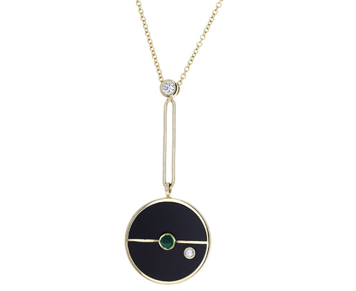 Black Onyx, Diamond and Emerald Compass Pendant Necklace