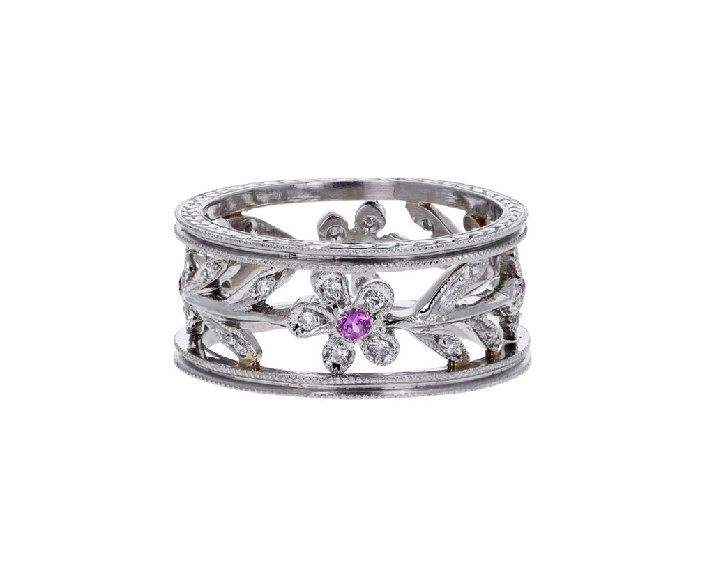 Platinum Diamond Sapphire Flower Vine Milgrain Band
