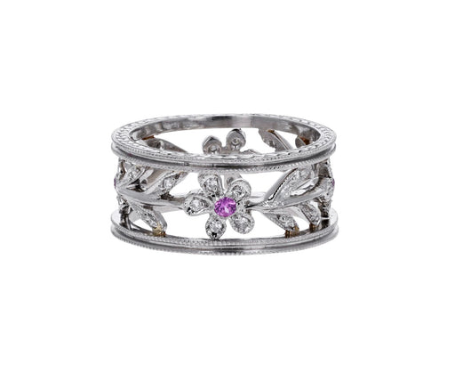 Platinum Diamond Sapphire Flower Vine Milgrain Band