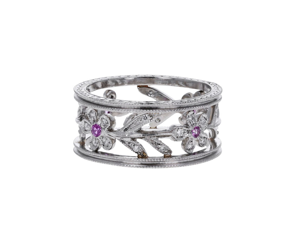 Platinum Diamond Sapphire Flower Vine Milgrain Band