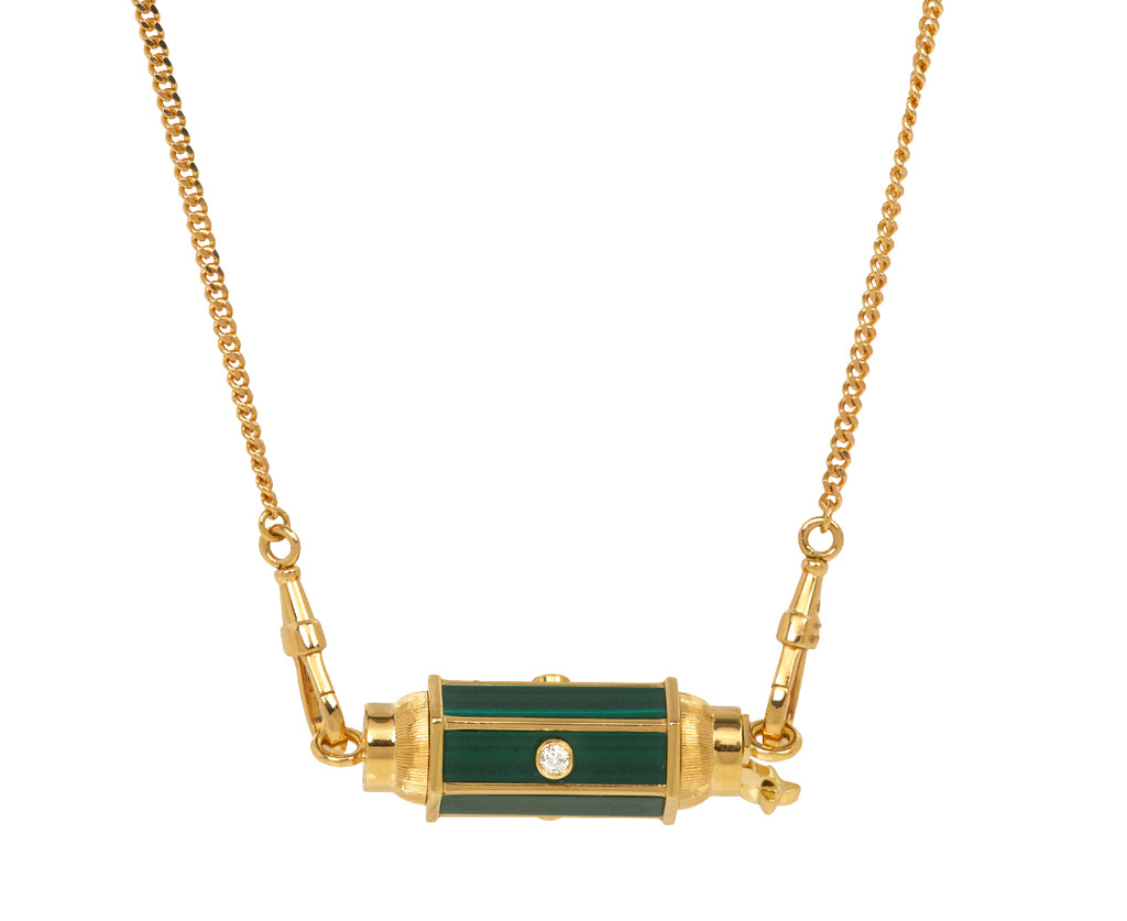 Gourmette Chain Diamond and Malachite Baby Locket Necklace