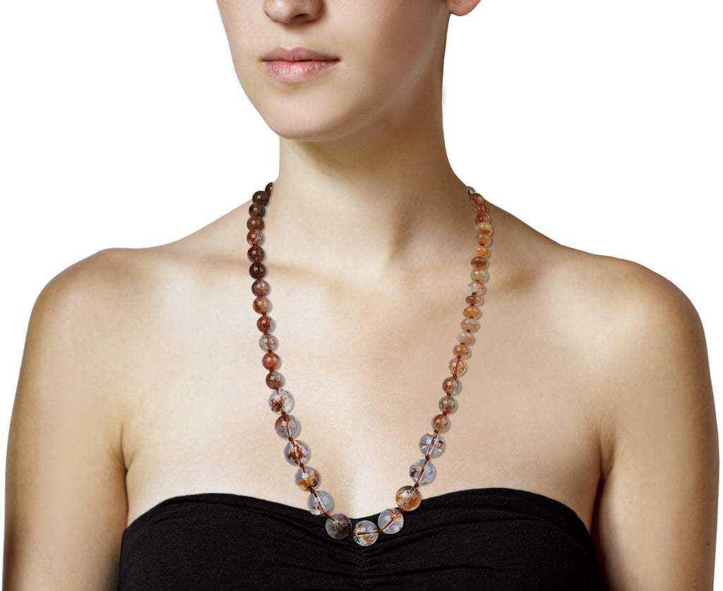 Lena Skadegard Large Copper Rutilated Quartz and Phantom Agate Beaded Necklace - profile