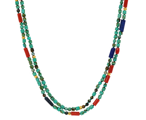 Lena Skadegard Turquoise, Lapis and Coral Beaded Necklace