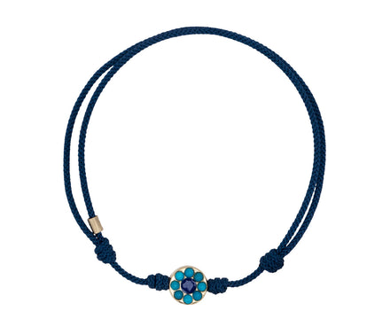 Luis Morais Evil Eye Disk with Turquoise Stones on Navy Cord Bracelet