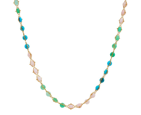 Chrysoprase, Turquoise and Pink Opal Textile Necklace