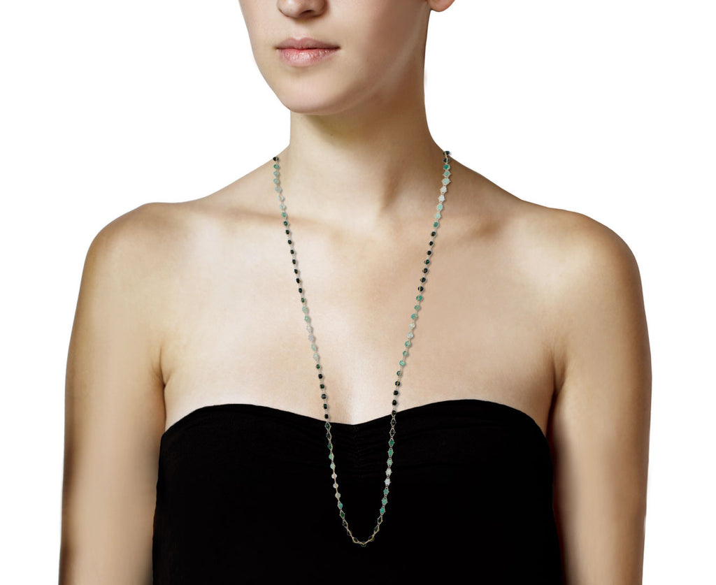 Long Woven Textile Emerald Necklace