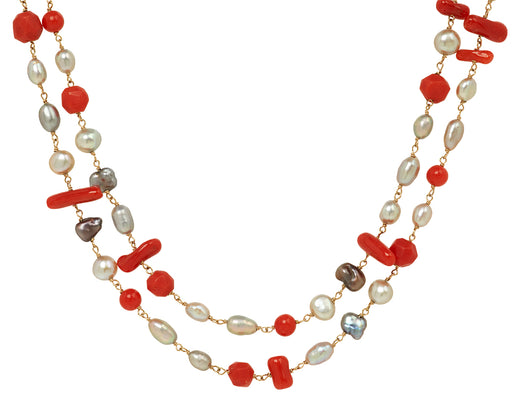 Coral and Pearl Rosary Paulette Necklace