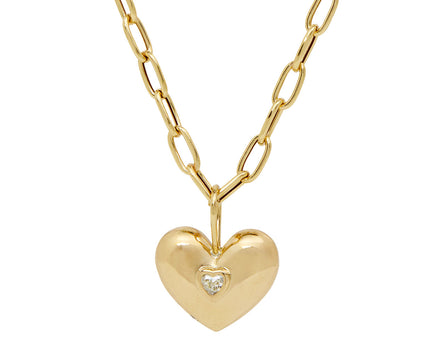 Small Gold and Diamond Puff Heart Pendant Necklace