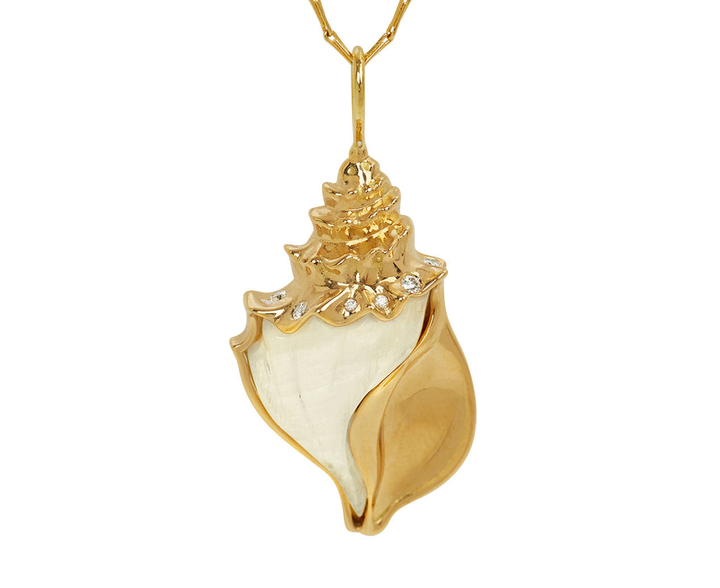 Small Carved Rainbow Moonstone Conch Pendant Necklace