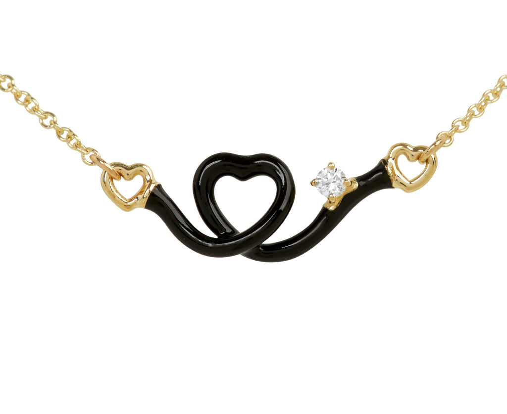Black Enamel and Diamond Baby Heart Chain Bracelet
